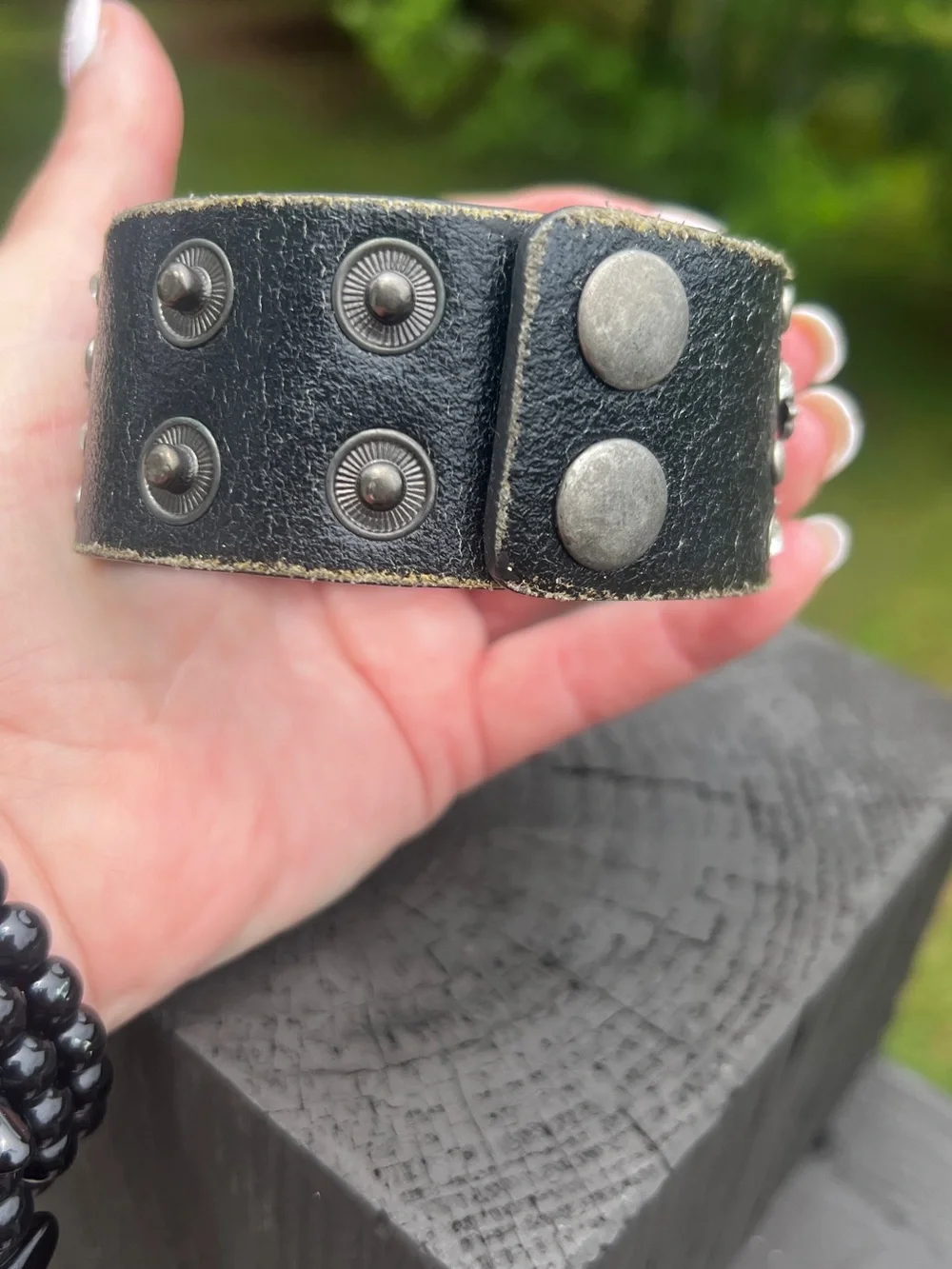 Distressed Genuine Leather Cross Studded Cuff Bracelet